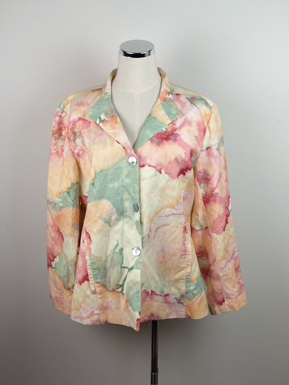 Chico's Linen Pastel Orange Red Green Floral Button Front Collared Jacket Women